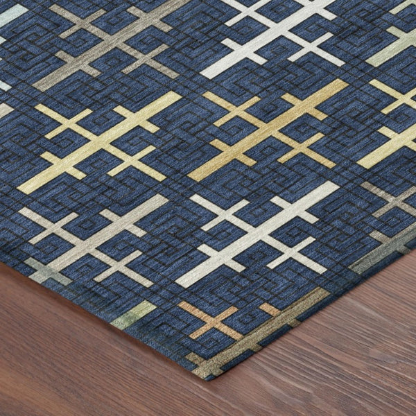 8 Ft Round Geometric Polyester Area Rug Washable Navy Blue Indoor Outdoor Use