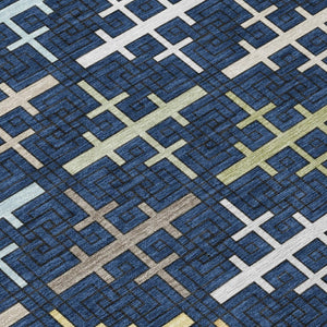 8 Ft Round Geometric Polyester Area Rug Washable Navy Blue Indoor Outdoor Use