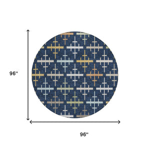 8 Ft Round Geometric Polyester Area Rug Washable Navy Blue Indoor Outdoor Use