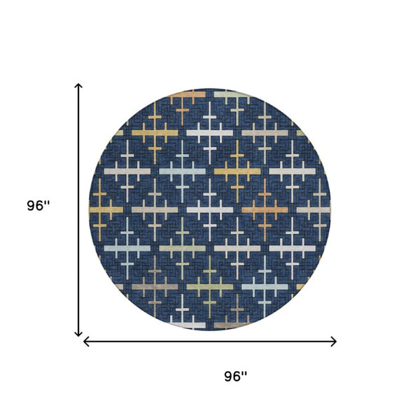 8 Ft Round Geometric Polyester Area Rug Washable Navy Blue Indoor Outdoor Use