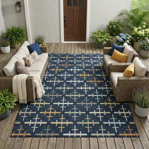 10 X 14 Geometric Navy Polyester Area Rug Washable for Indoor Outdoor Spaces