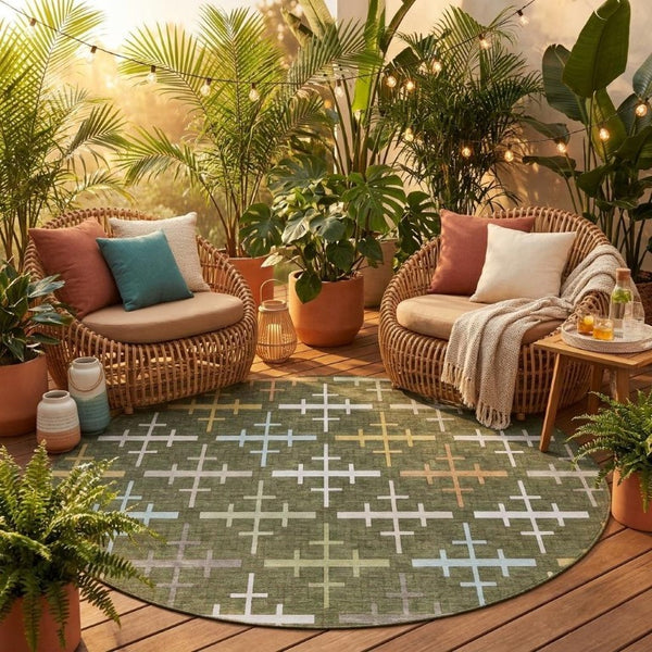 8 Foot Round Geometric Polyester Rug Olive Washable Indoor Outdoor Patio Kitchen
