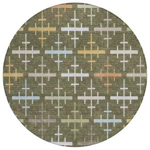 HomeRoots 8 Foot Round Geometric Polyester Rug Olive Washable Indoor Outdoor Patio Kitchen 744491