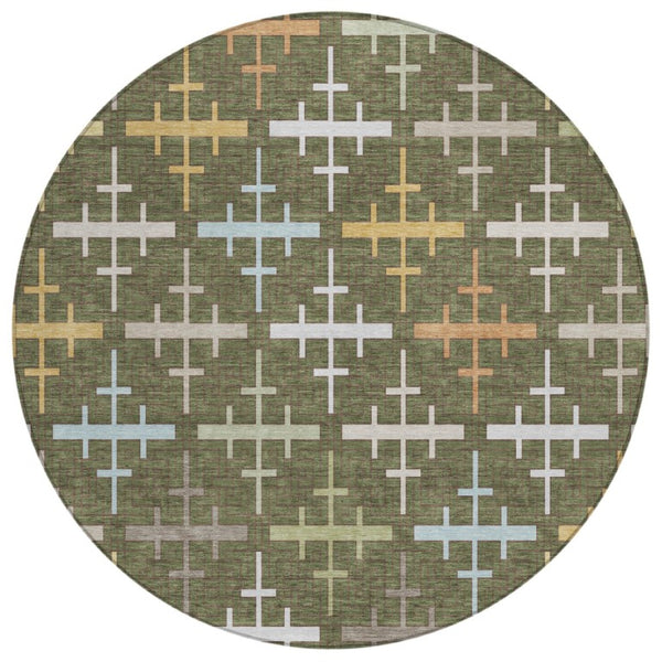 HomeRoots 8 Foot Round Geometric Polyester Rug Olive Washable Indoor Outdoor Patio Kitchen 744491