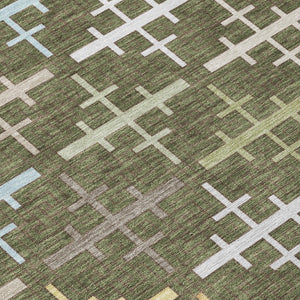 8 Foot Round Geometric Polyester Rug Olive Washable Indoor Outdoor Patio Kitchen