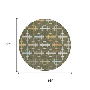 8 Foot Round Geometric Polyester Rug Olive Washable Indoor Outdoor Patio Kitchen