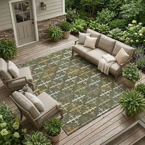 8 X 10 Olive Geometric Polyester Area Rug Washable Stain Resistant Patio Decor