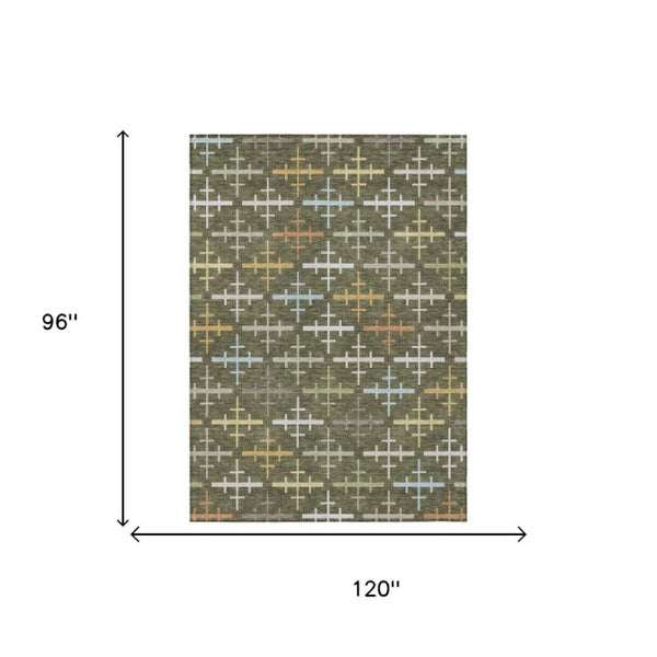 8 X 10 Olive Geometric Polyester Area Rug Washable Stain Resistant Patio Decor