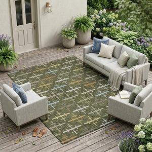 10 Ft Olive Geometric Polyester Area Rug Washable Stain Resistant Indoor Outdoor