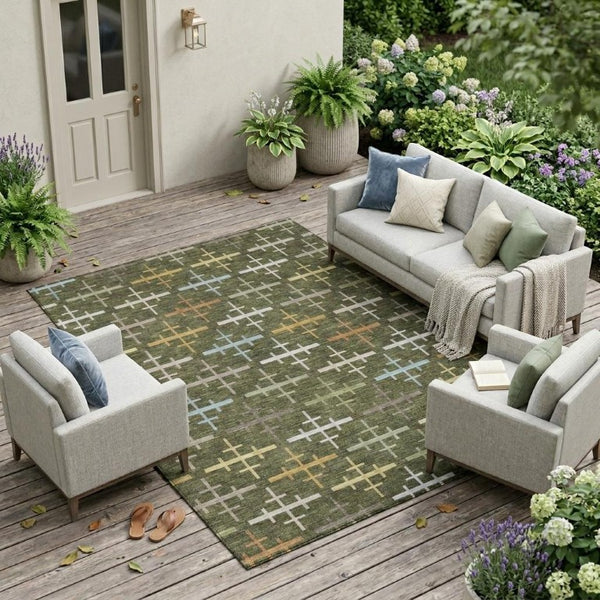 10 Ft Olive Geometric Polyester Area Rug Washable Stain Resistant Indoor Outdoor