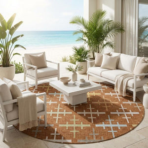 8 Foot Round Geometric Polyester Area Rug Washable for Indoor Outdoor Patio Use