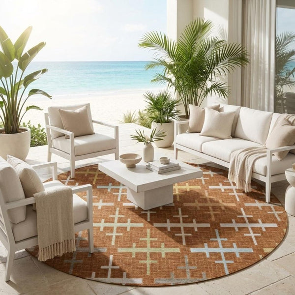 8 Foot Round Geometric Polyester Area Rug Washable for Indoor Outdoor Patio Use