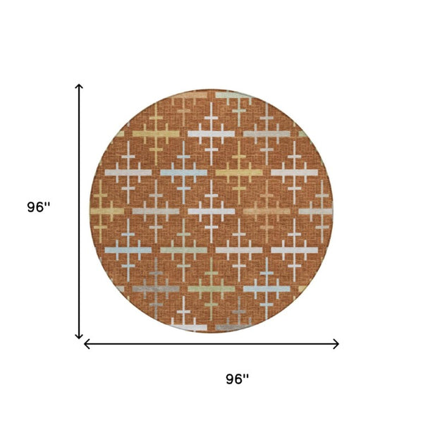 8 Foot Round Geometric Polyester Area Rug Washable for Indoor Outdoor Patio Use