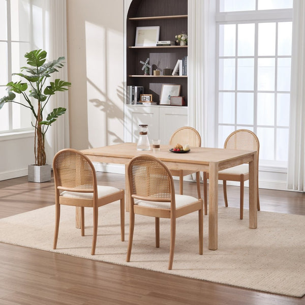 English Elm Rattan Backrest Dining Chairs Set of 2 Teddy Fabric Cushion Solid Wood Legs Kitchen Beige W3244P475485