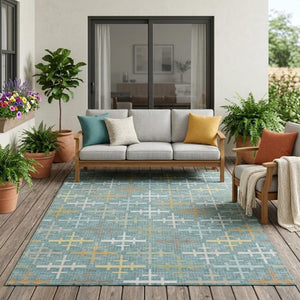 5x8 Geometric Teal Silver Washable Polyester Rug for Indoor Outdoor Living Spaces