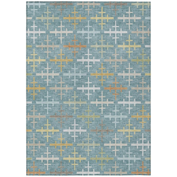 HomeRoots 5x8 Geometric Teal Silver Washable Polyester Rug for Indoor Outdoor Living Spaces 744508