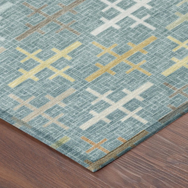 5x8 Geometric Teal Silver Washable Polyester Rug for Indoor Outdoor Living Spaces