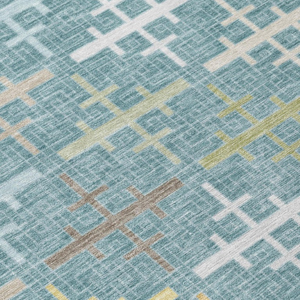 5x8 Geometric Teal Silver Washable Polyester Rug for Indoor Outdoor Living Spaces