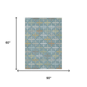 5x8 Geometric Teal Silver Washable Polyester Rug for Indoor Outdoor Living Spaces