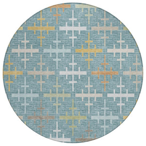 HomeRoots 8 Ft Round Teal Silver Geometric Polyester Rug Washable for Indoor Outdoor Use 744509