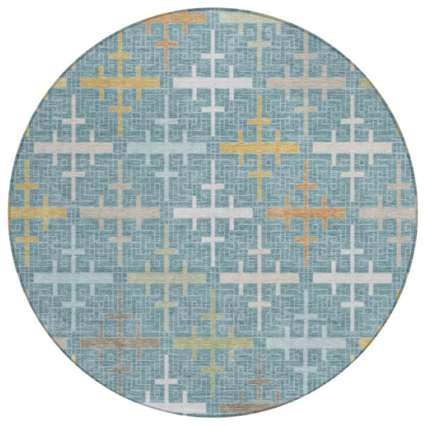HomeRoots 8 Ft Round Teal Silver Geometric Polyester Rug Washable for Indoor Outdoor Use 744509
