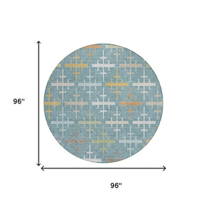 8 Ft Round Teal Silver Geometric Polyester Rug Washable for Indoor Outdoor Use