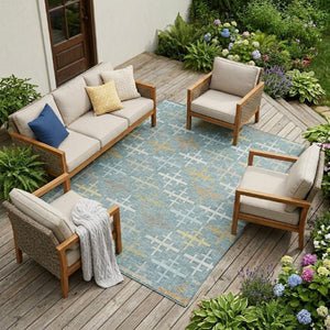 9 X 12 Geometric Polyester Area Rug Teal Silver Washable for Indoor Outdoor Use