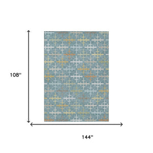 9 X 12 Geometric Polyester Area Rug Teal Silver Washable for Indoor Outdoor Use