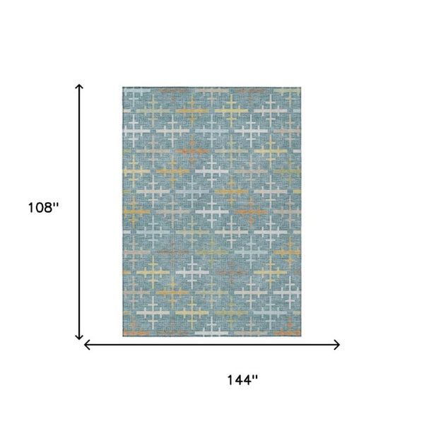 9 X 12 Geometric Polyester Area Rug Teal Silver Washable for Indoor Outdoor Use