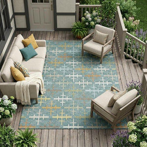 10 X 14 Teal Silver Geometric Polyester Area Rug Washable Stain Resistant Patio