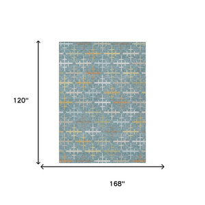 10 X 14 Teal Silver Geometric Polyester Area Rug Washable Stain Resistant Patio