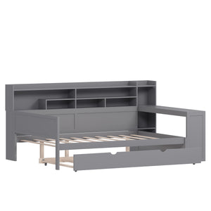 English Elm Wooden Full Size Daybed with Trundle and Built-In Desk, Side Storage Shelves for Space-Saving Rooms Gray 70 L x 18.6 W x 5.5 H N733S242277E