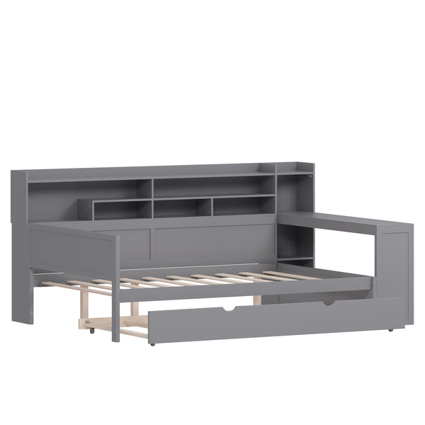 English Elm Wooden Full Size Daybed with Trundle and Built-In Desk, Side Storage Shelves for Space-Saving Rooms Gray 70 L x 18.6 W x 5.5 H N733S242277E