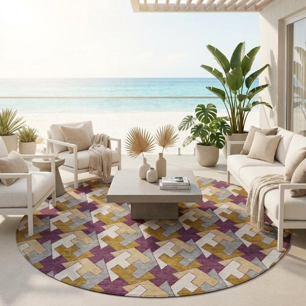 8 Foot Round Geometric Polyester Rug Washable for Patio Porch and High Traffic Areas