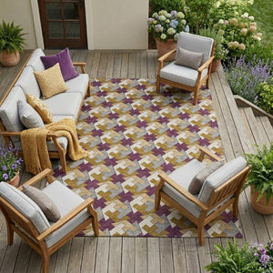 9 X 12 Purple Geometric Polyester Area Rug Washable for Indoor Outdoor Spaces