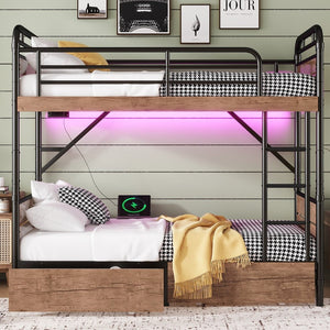 English Elm Twin Xl Metal Bunk Bed With Led Light & Charging Station, 2 Storage Drawers For Organized Living W2580S00048-GIGA