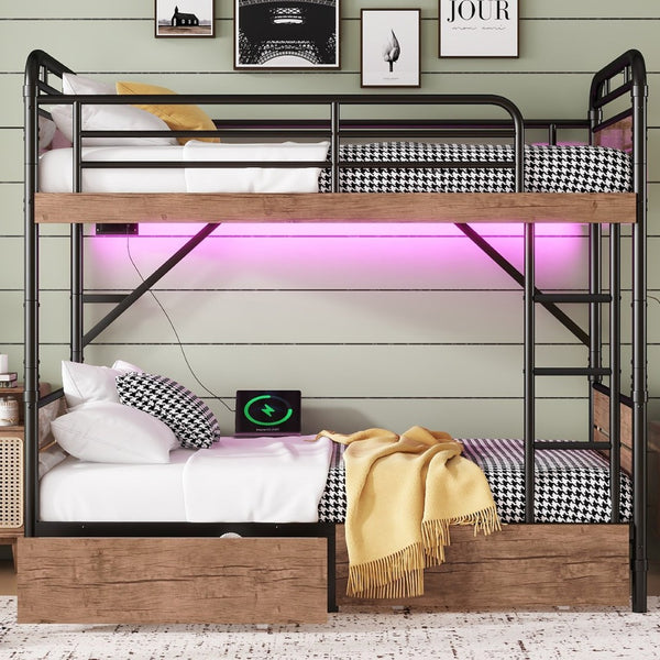 English Elm Twin Xl Metal Bunk Bed With Led Light & Charging Station, 2 Storage Drawers For Organized Living W2580S00048-GIGA