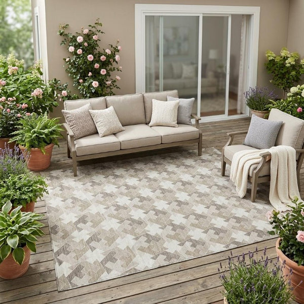 5 X 8 Ivory Beige Geometric Polyester Area Rug Stain Resistant for Patio or Living Room