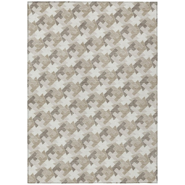HomeRoots 10 X 14 Ivory Beige Geometric Polyester Area Rug Washable for Patio or Living Room 744542