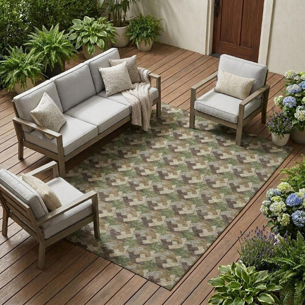 8 X 10 Olive Geometric Polyester Area Rug Washable for Patio Porch and Living Room