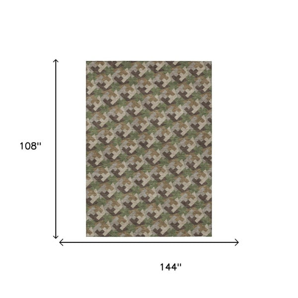 9x12 Olive Green Geometric Polyester Area Rug Washable Stain Resistant Indoor Outdoor