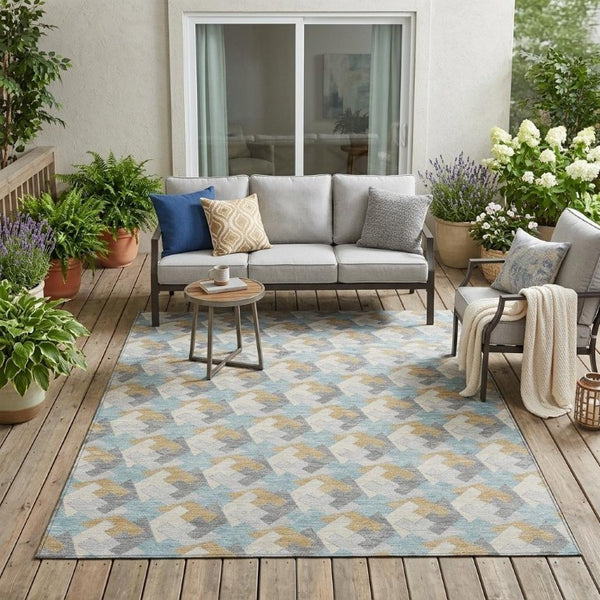 5 X 8 Blue Silver Geometric Polyester Area Rug Washable for Indoor Outdoor Use