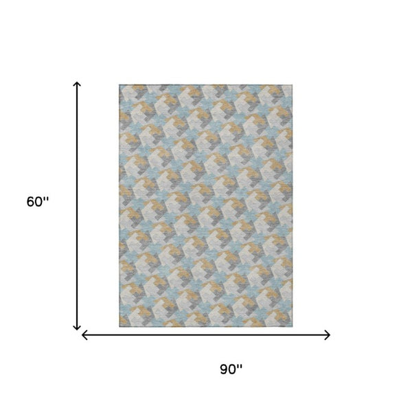 5 X 8 Blue Silver Geometric Polyester Area Rug Washable for Indoor Outdoor Use