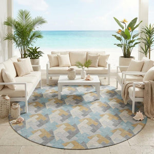 8 Foot Round Geometric Polyester Area Rug in Blue Silver for Patio or Family Room