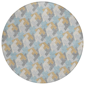 HomeRoots 8 Foot Round Geometric Polyester Area Rug in Blue Silver for Patio or Family Room 744557