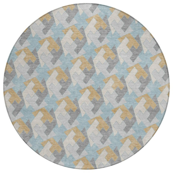 HomeRoots 8 Foot Round Geometric Polyester Area Rug in Blue Silver for Patio or Family Room 744557