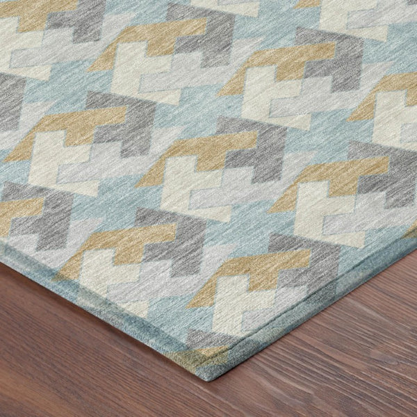 8 Foot Round Geometric Polyester Area Rug in Blue Silver for Patio or Family Room