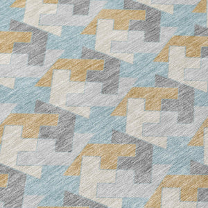 8 Foot Round Geometric Polyester Area Rug in Blue Silver for Patio or Family Room