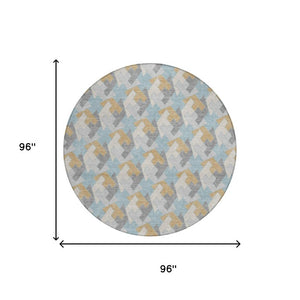 8 Foot Round Geometric Polyester Area Rug in Blue Silver for Patio or Family Room