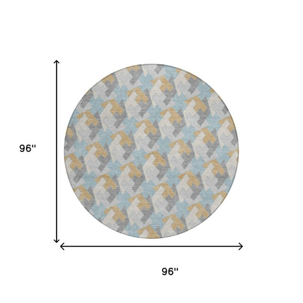 8 Foot Round Geometric Polyester Area Rug in Blue Silver for Patio or Family Room